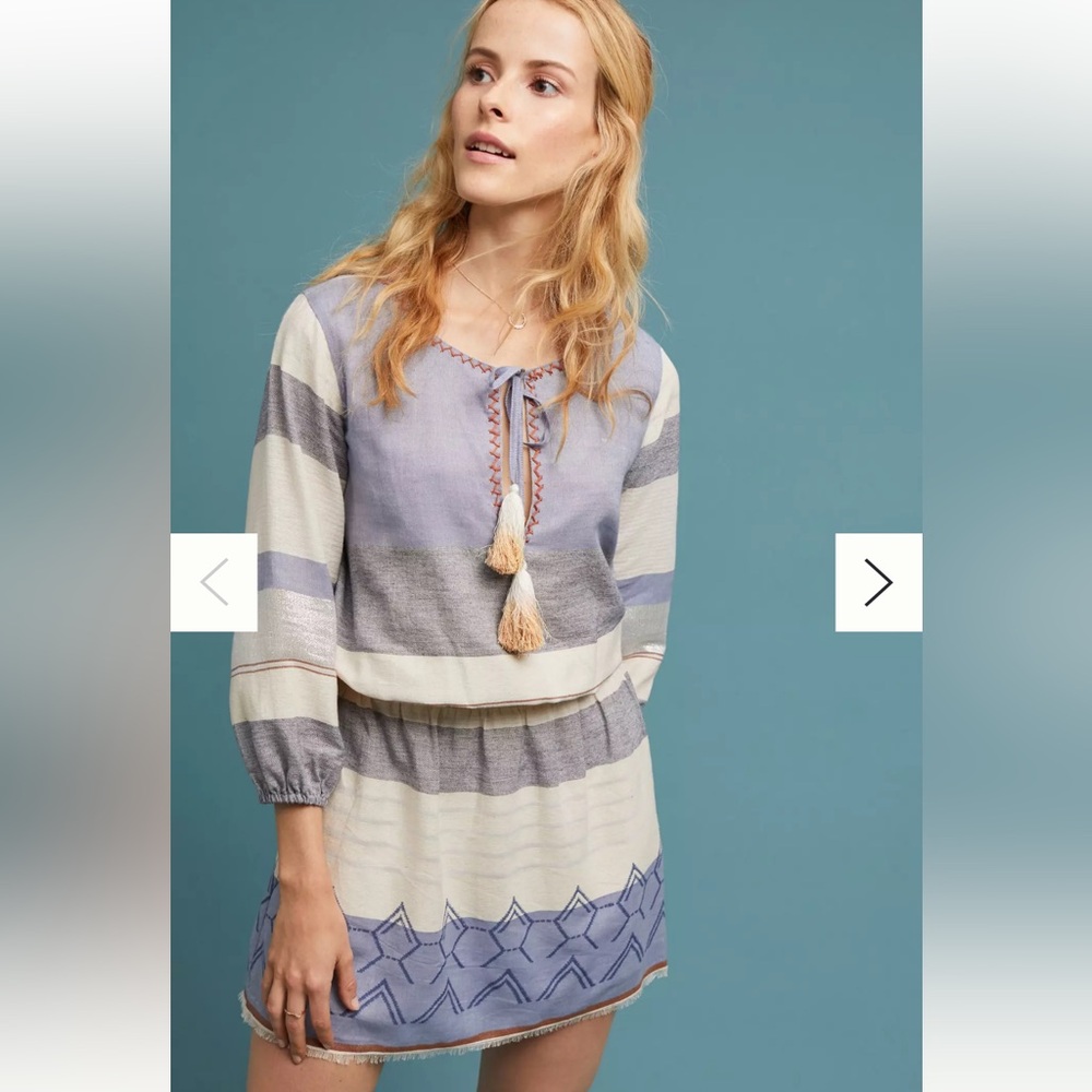 Anthropologie Corey Lynn Calter Praia Blue and Cream Boho Mini Dress Size S